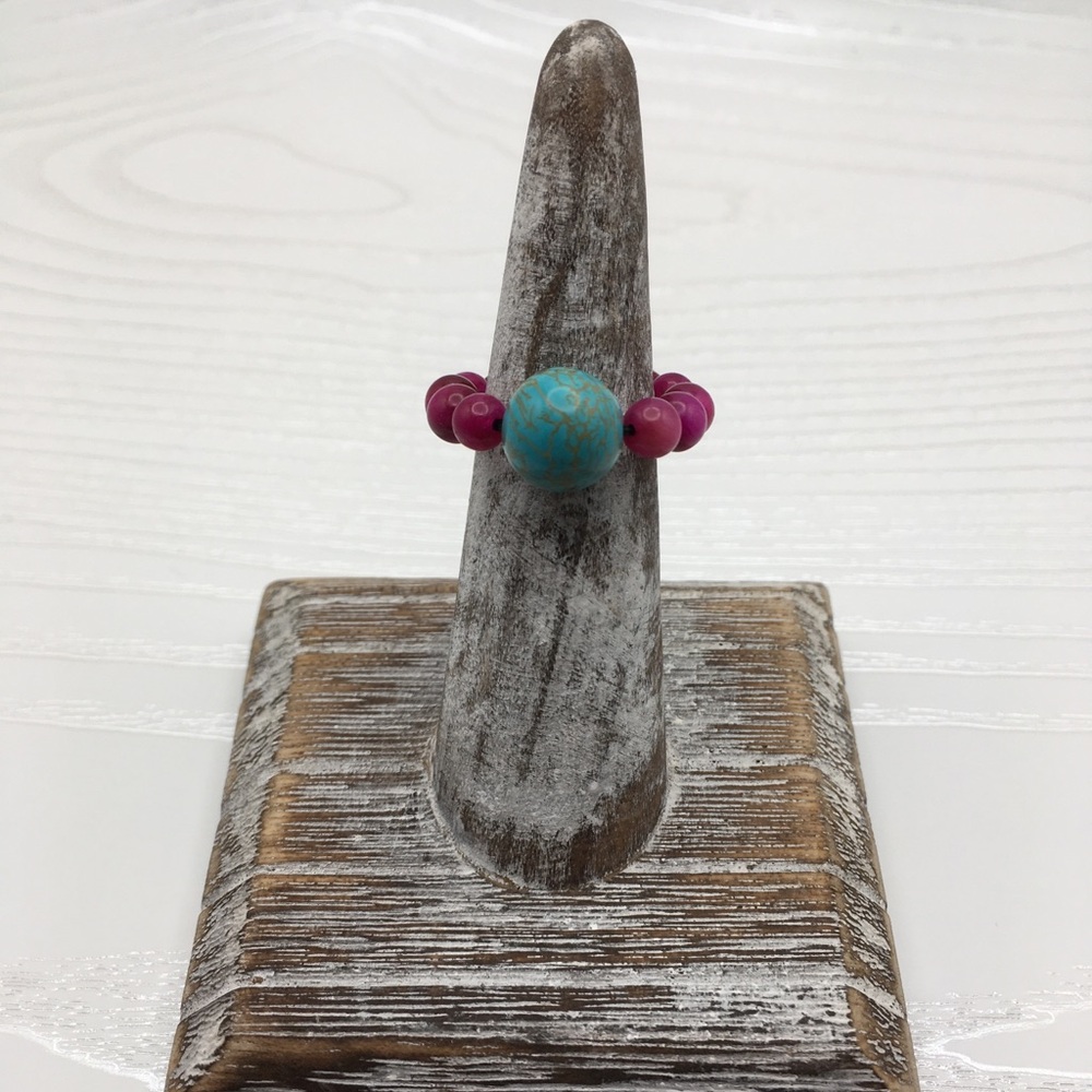 HANDCRAFTED Pink Tiger Eye & Turquoise Stretch Bead Ring